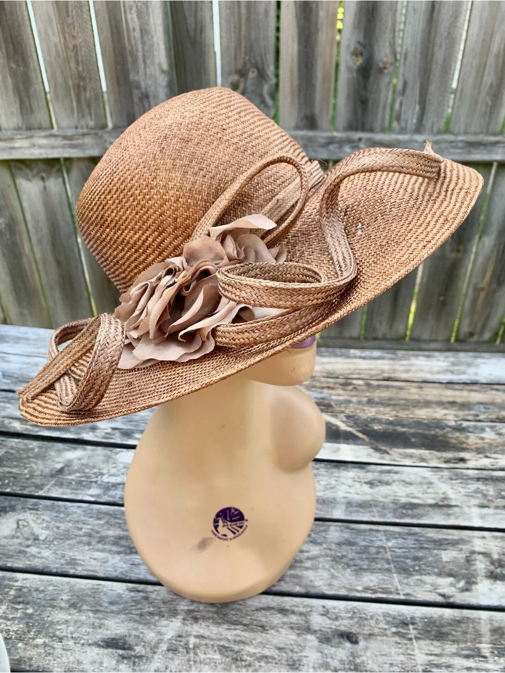NWT Swan Hat New York Bronze Straw Church Derby Hat w/ Rosette Flower